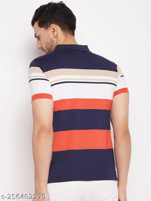 Men's Striped Polo Neck Half Sleeves Red Cotton T-Shirt